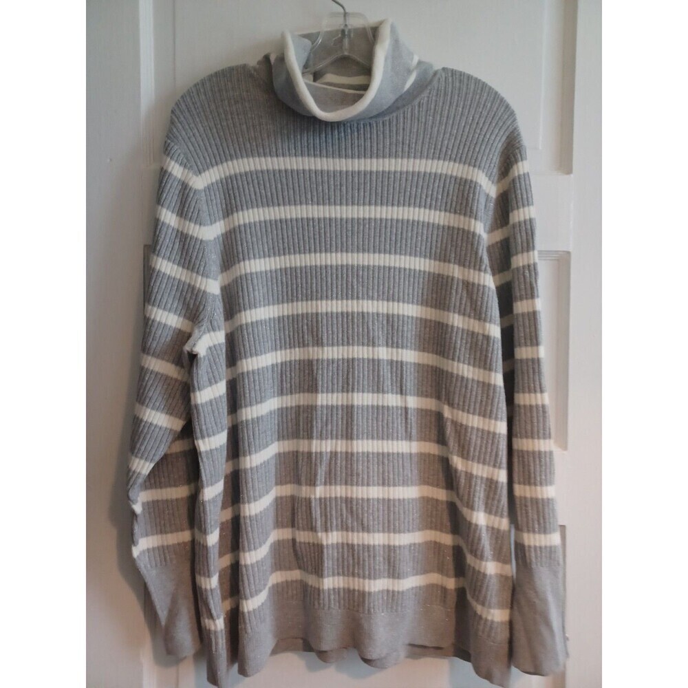 Talbots silver metallic stripe ribbed turtleneck sweater 3X plus sz cozy shimmer